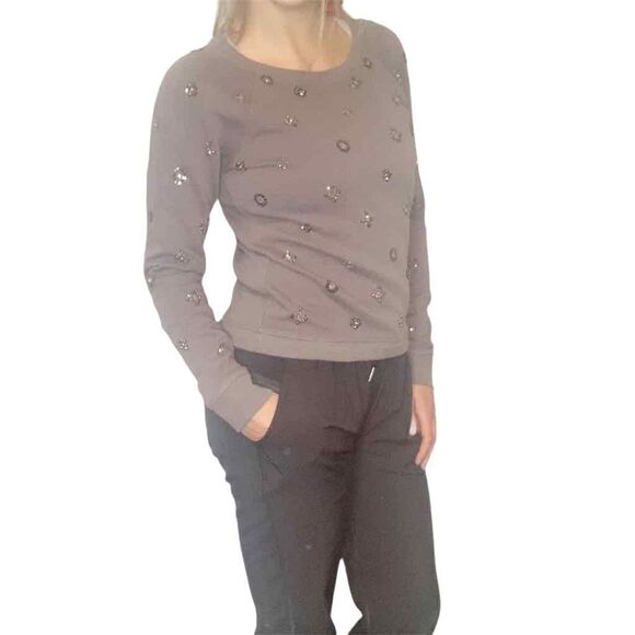 J. Crew Grey Silver Sparkle Beaded Accents Crewneck Sweatshirt Women’s S Holiday - Picture 6 of 13